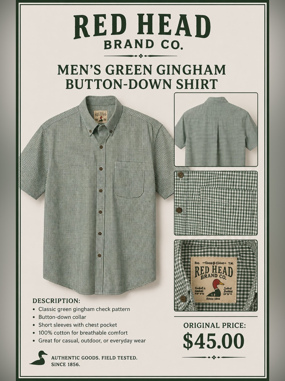 RedHead Brand Co. Men’s Green Gingham Short Sleeve Button-Down Shirt – Size M